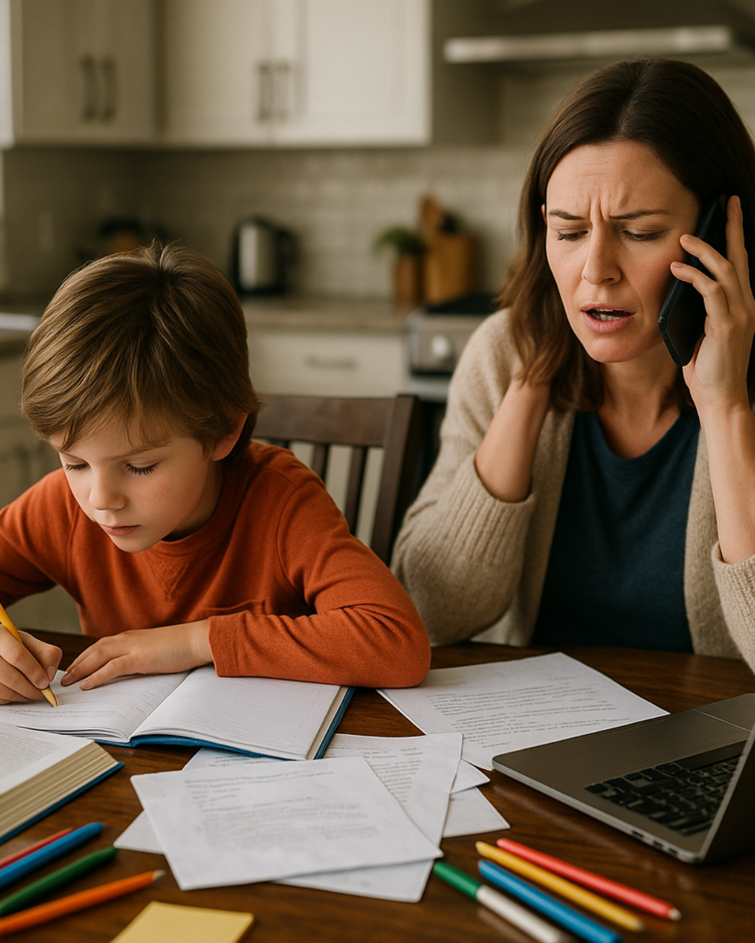 Parent juggling a phone call while helping with homework